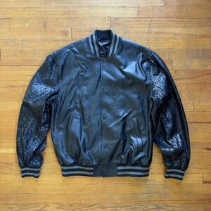ASOS DESIGN Black Faux Leather Sequin Sleeve Bomber Jacket Men's‎ Size S
